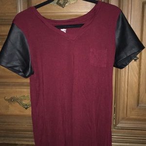 Maroon Tee Shirt Pocket Leather Short Sleeves